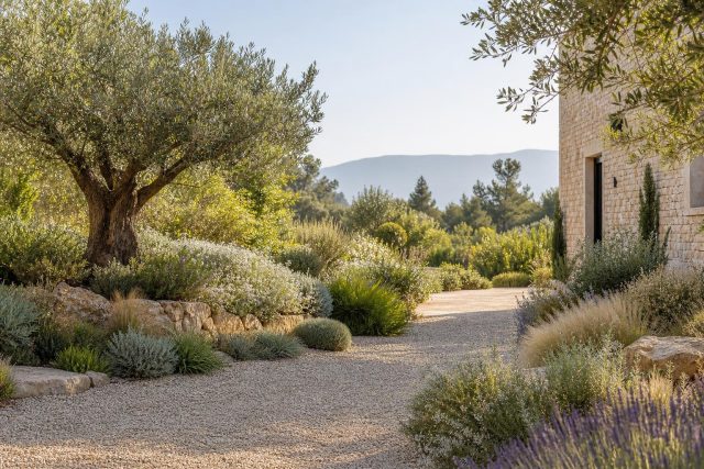 Illustration : Jardin méditerranéen avec olivier, massifs de végétaux locaux et allée en gravier, sans personne ni texte.