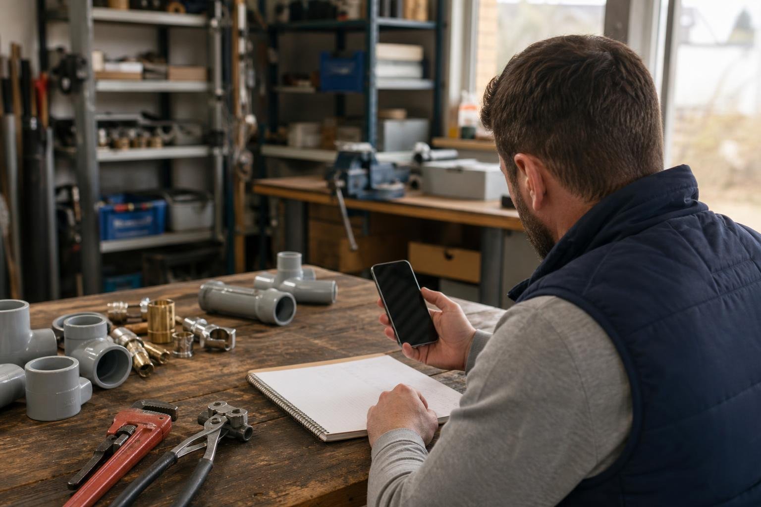 Un plombier consulte son téléphone devant un établi, avec un carnet de devis, des raccords et des outils.