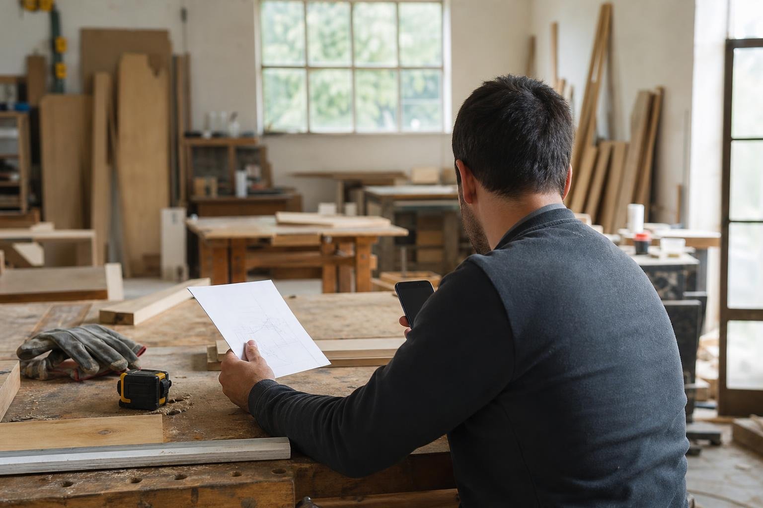 Un artisan consulte un devis papier sur un établi, téléphone en main, près de ses gants et d’un mètre ruban.