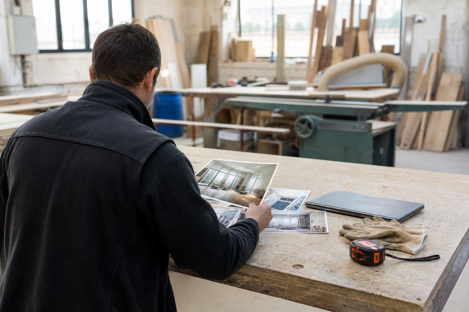 Artisan vu de dos, triant des photos de chantiers sur un établi, près d’un ordinateur fermé et d’outils.